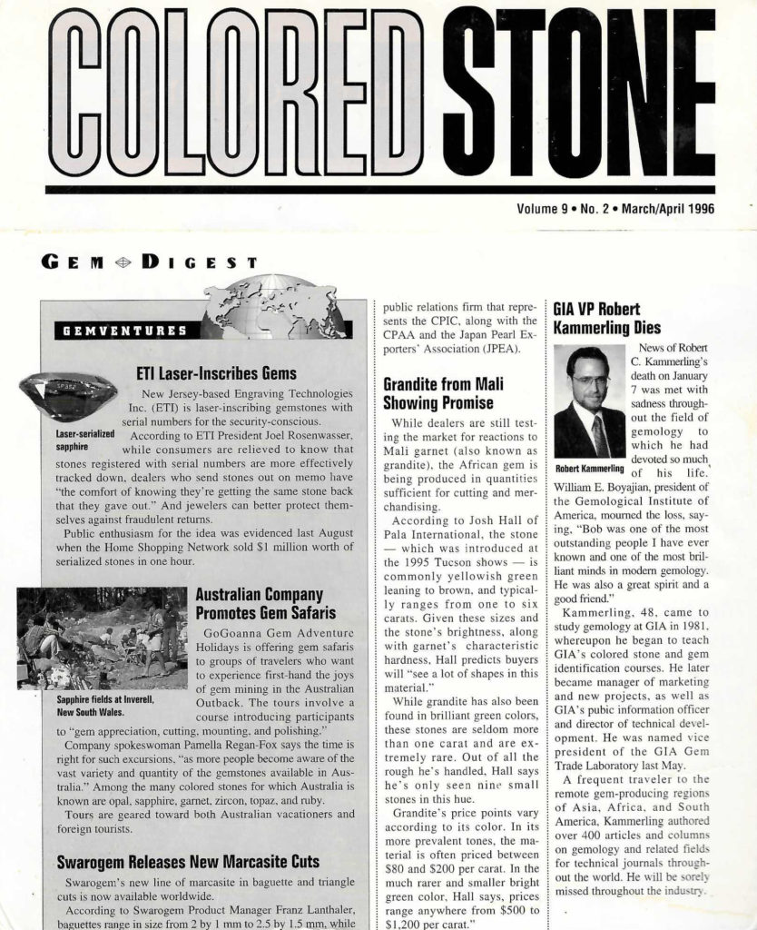 Colored Stone Magazine, March/April 1996​